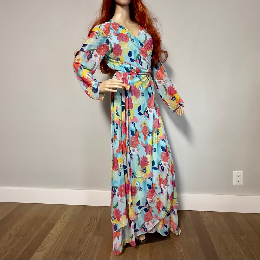 Laundry by Shelli Segal Dress Size 12 Blue Floral Long Maxi Wrap Dress